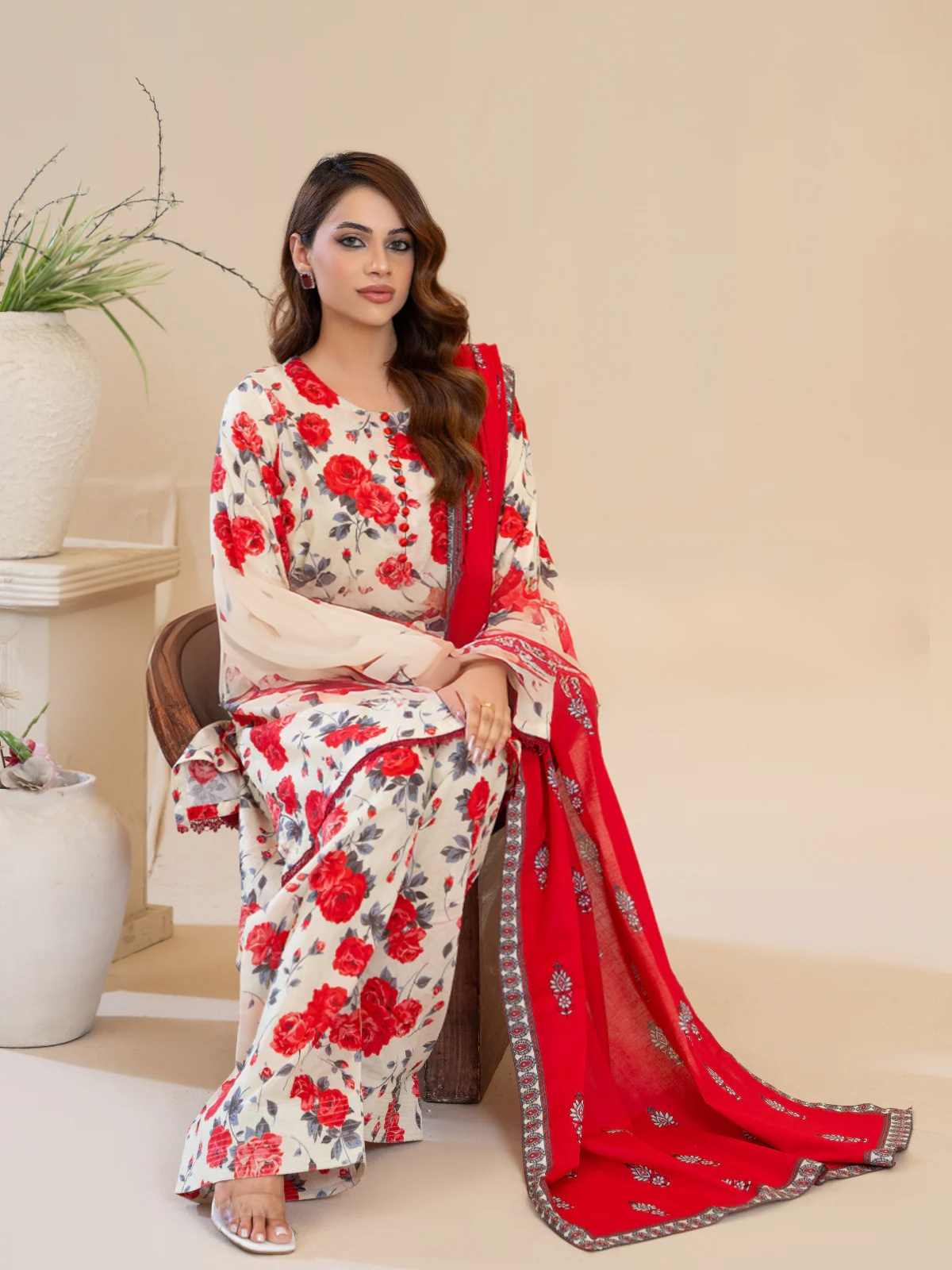 GULLAB (3-peice ) Stitched With Contrast Dupatta & Trending Farshi Shalwar | By Ainoor