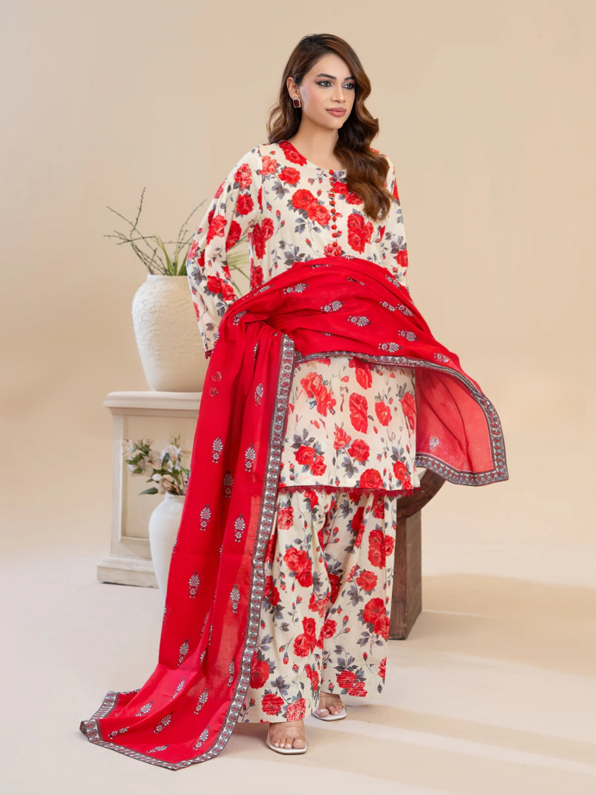 GULLAB (3-peice ) Stitched With Contrast Dupatta & Trending Farshi Shalwar | By Ainoor