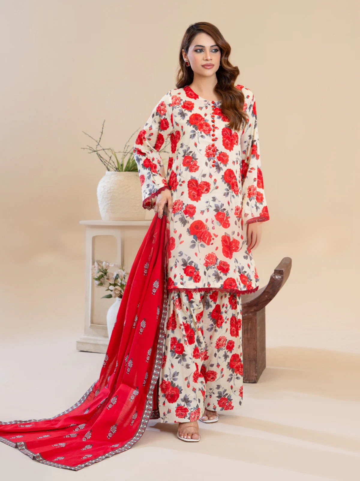 GULLAB (3-peice ) Stitched With Contrast Dupatta & Trending Farshi Shalwar | By Ainoor