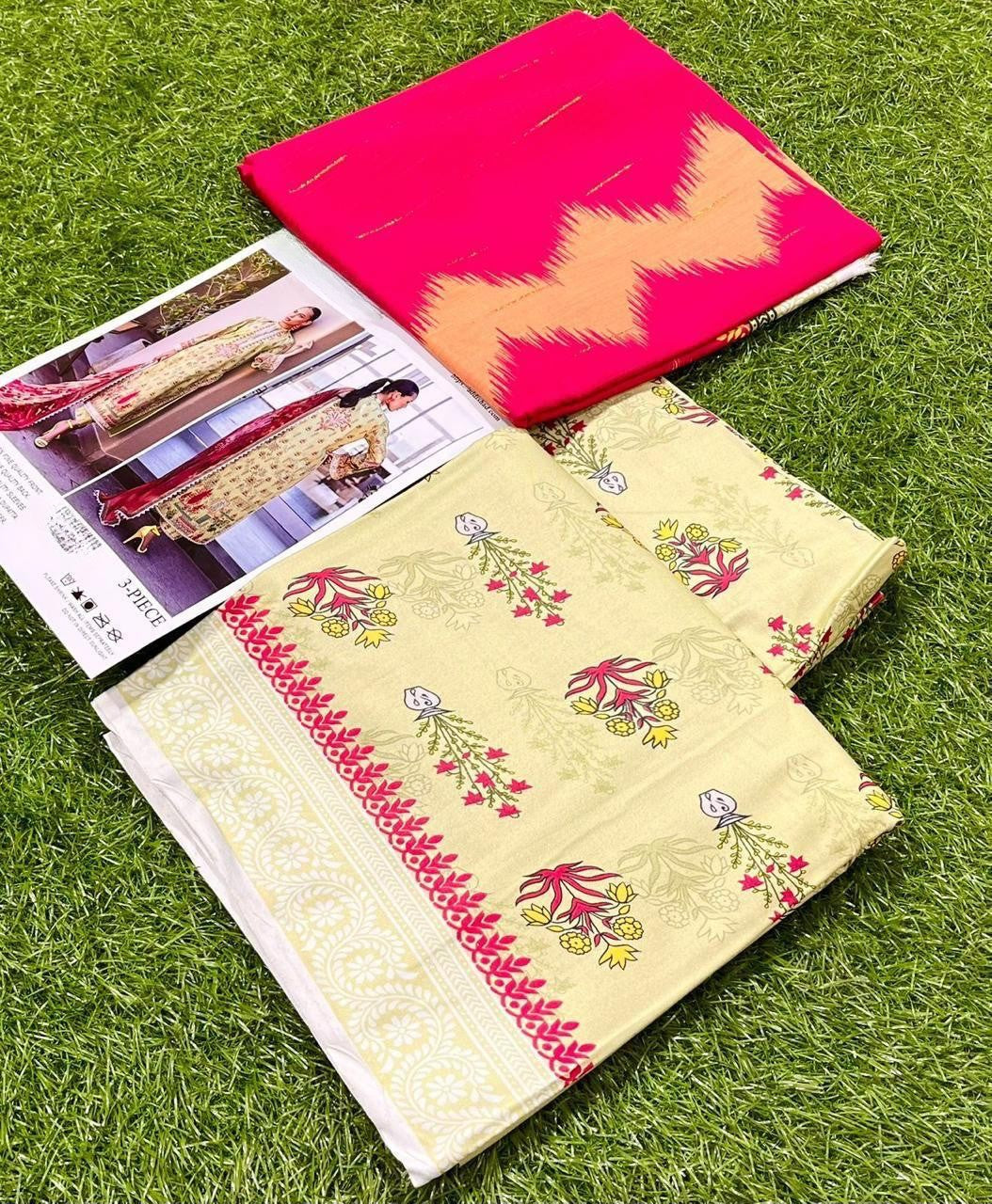 Baroque Printed Lawn 3 Piece Suit – Floral Red & Mustard