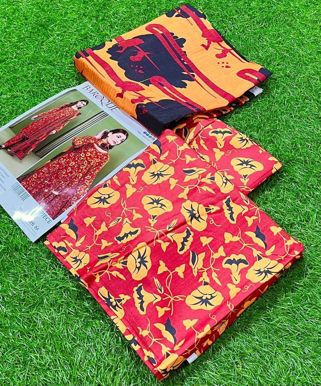 Baroque Printed Lawn 3 Piece Suit – Floral Red & Mustard