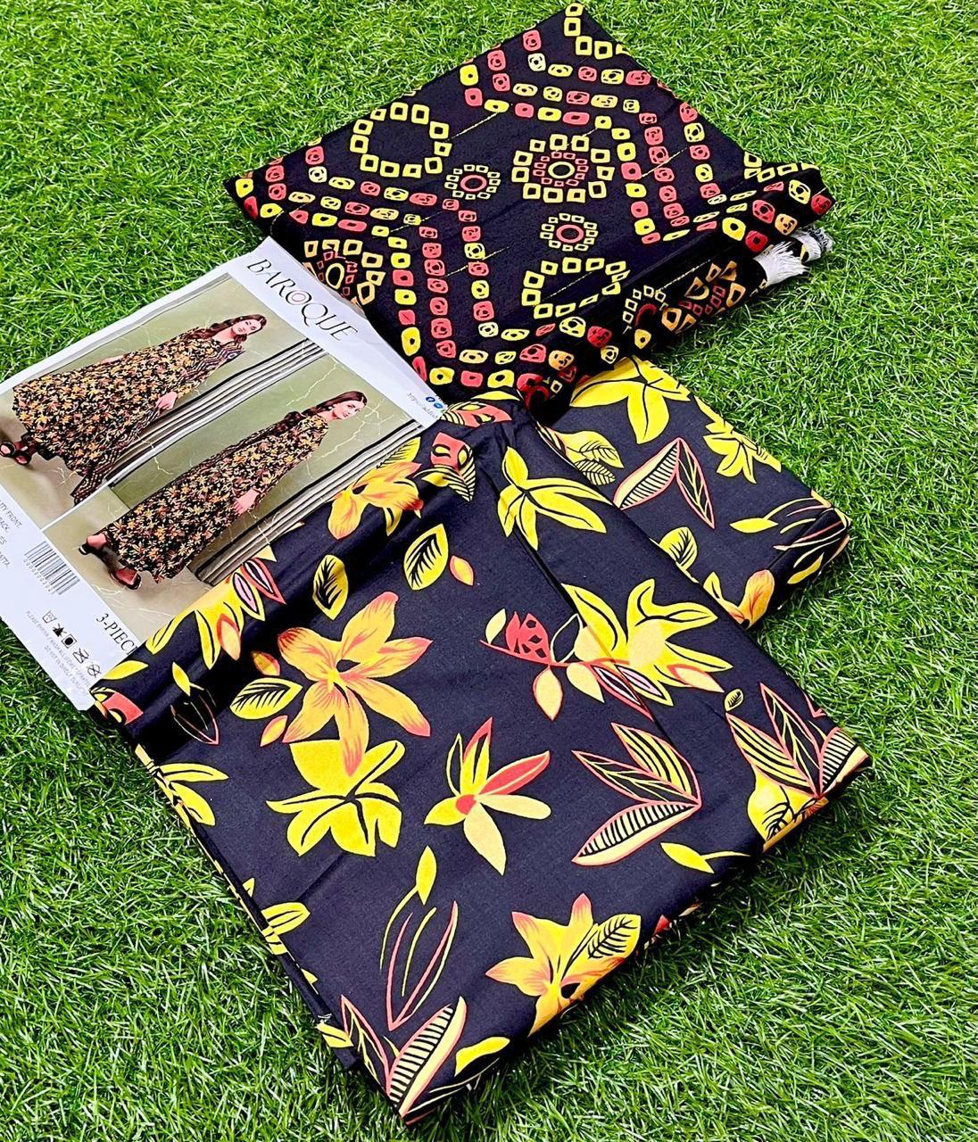 Baroque Printed Lawn 3 Piece Suit – Floral Red & Mustard