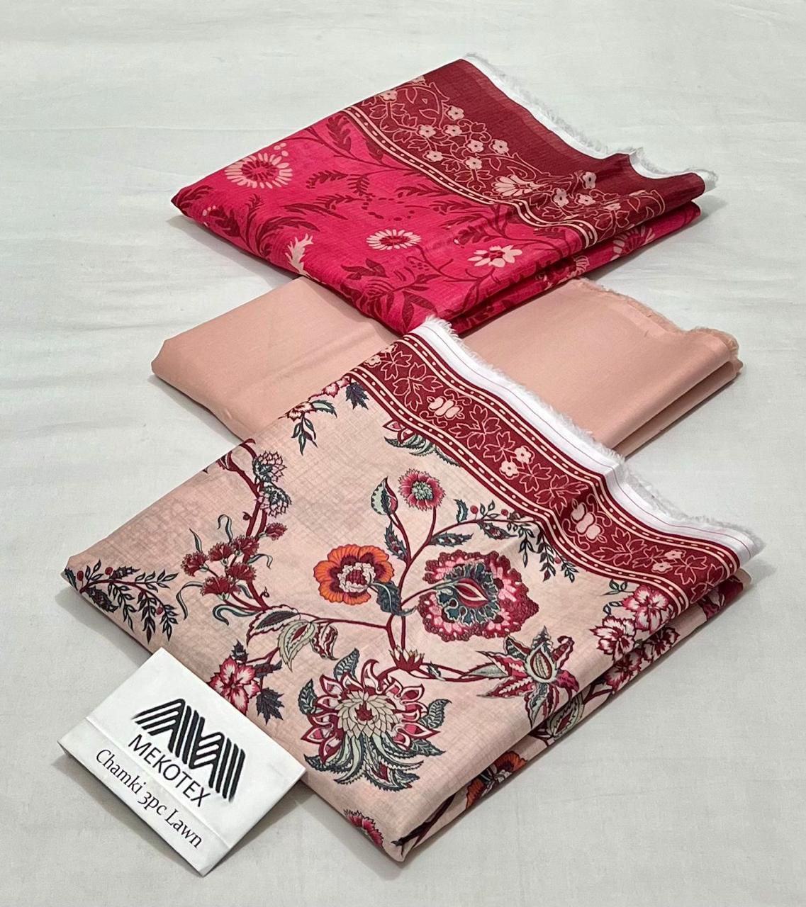 Mekotex Chamak Printed Lawn 3 Piece Suit – Floral Design