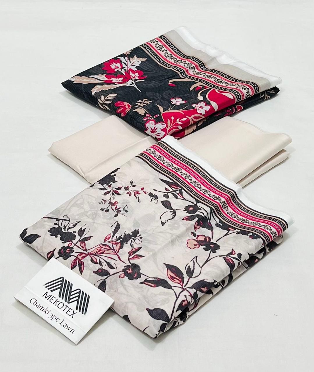 Mekotex Chamak Printed Lawn 3 Piece Suit – Floral Design