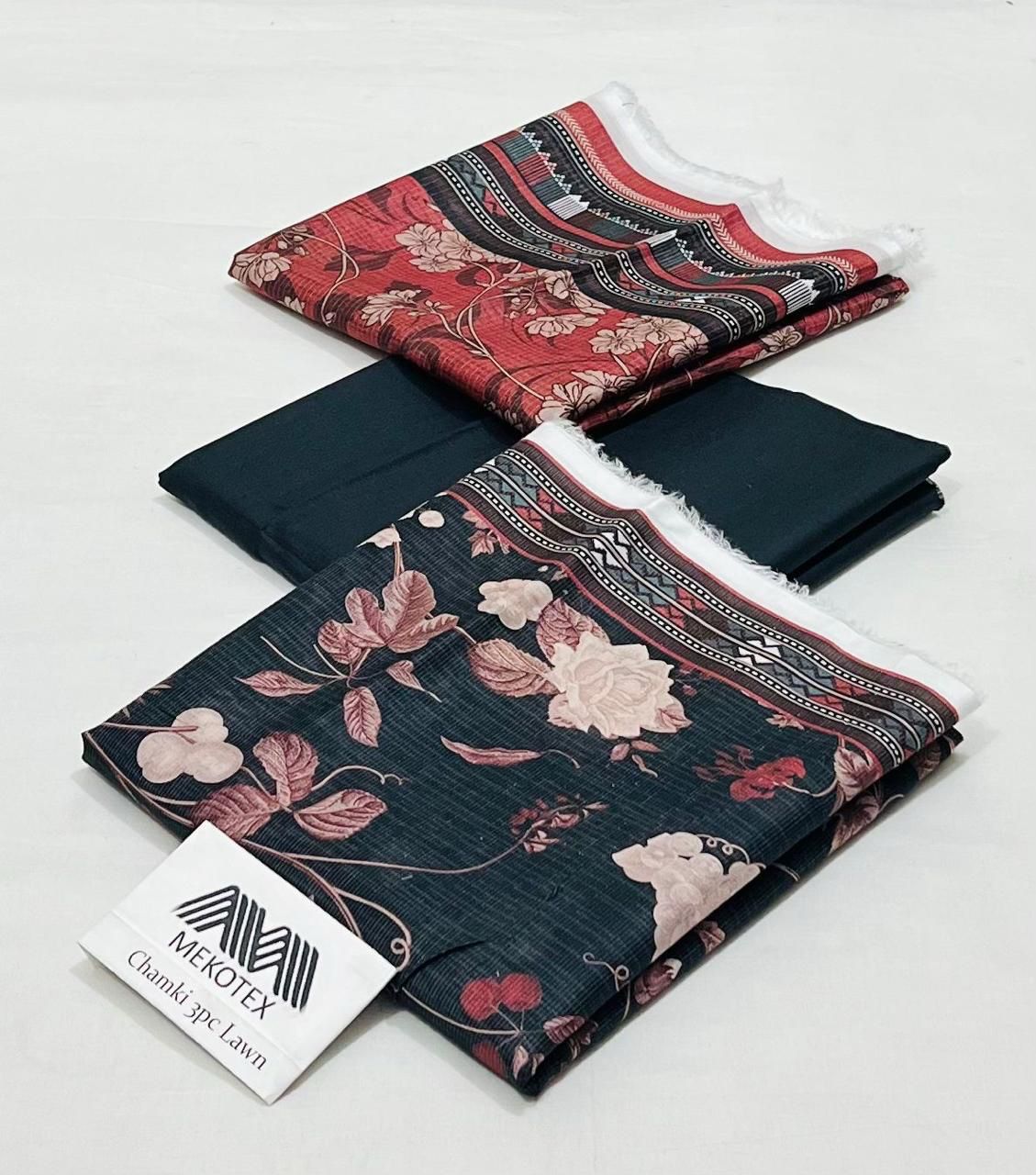 Mekotex Chamak Printed Lawn 3 Piece Suit – Floral Design