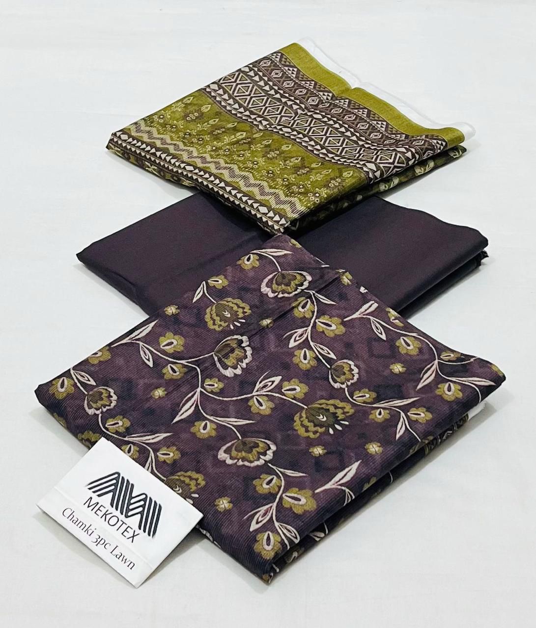 Mekotex Chamak Printed Lawn 3 Piece Suit – Floral Design