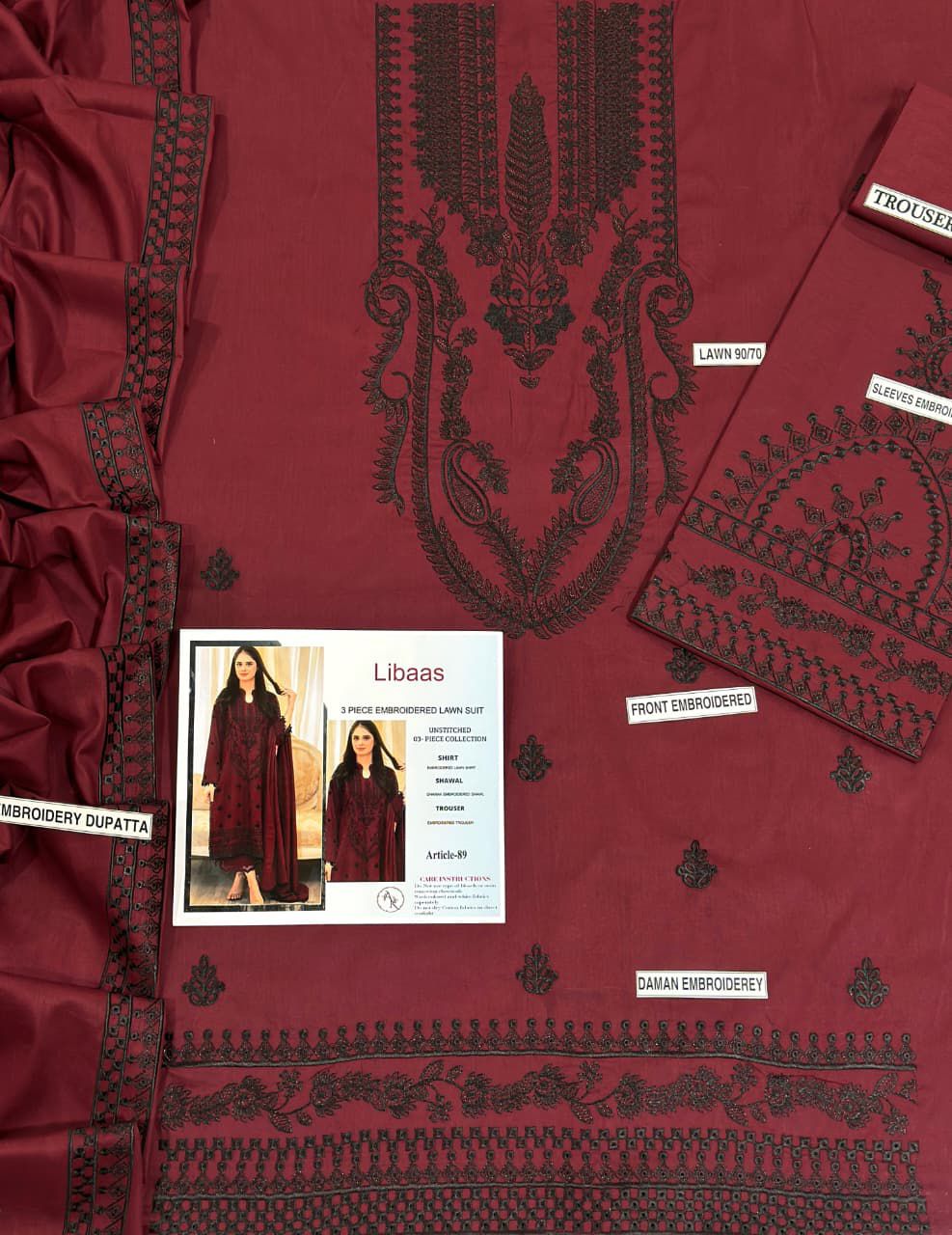 Libaas 3 Piece Embroidered Lawn Suit – Maroon (Unstitched)