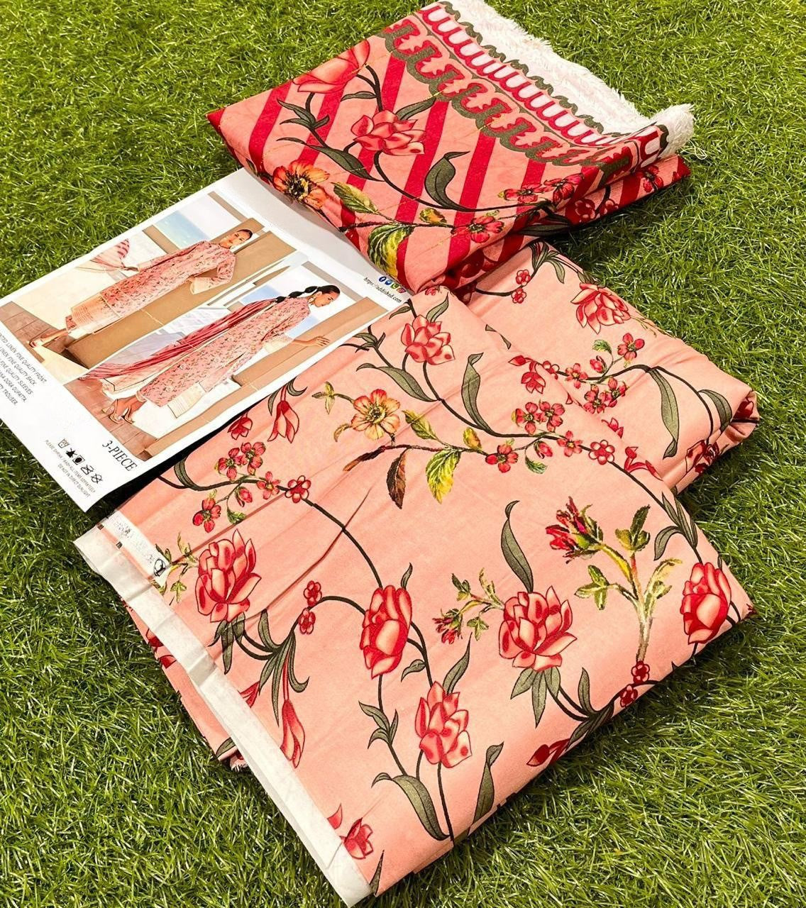 Baroque Printed Lawn 3 Piece Suit – Floral Red & Mustard